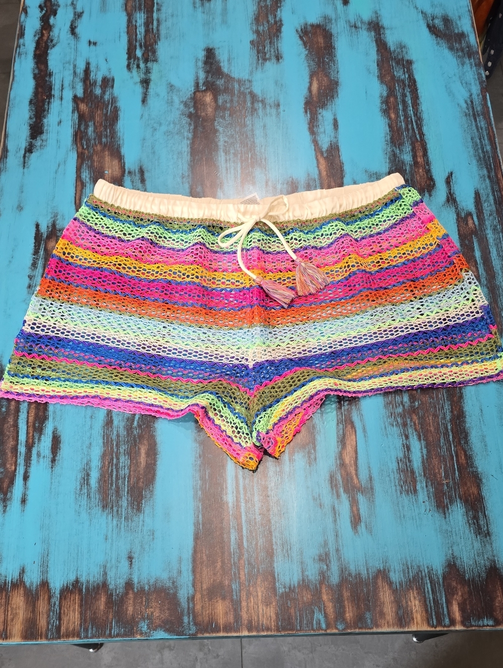 No Boundaries Multicolor Crochet Striped Athletic Shorts with Cream Waist